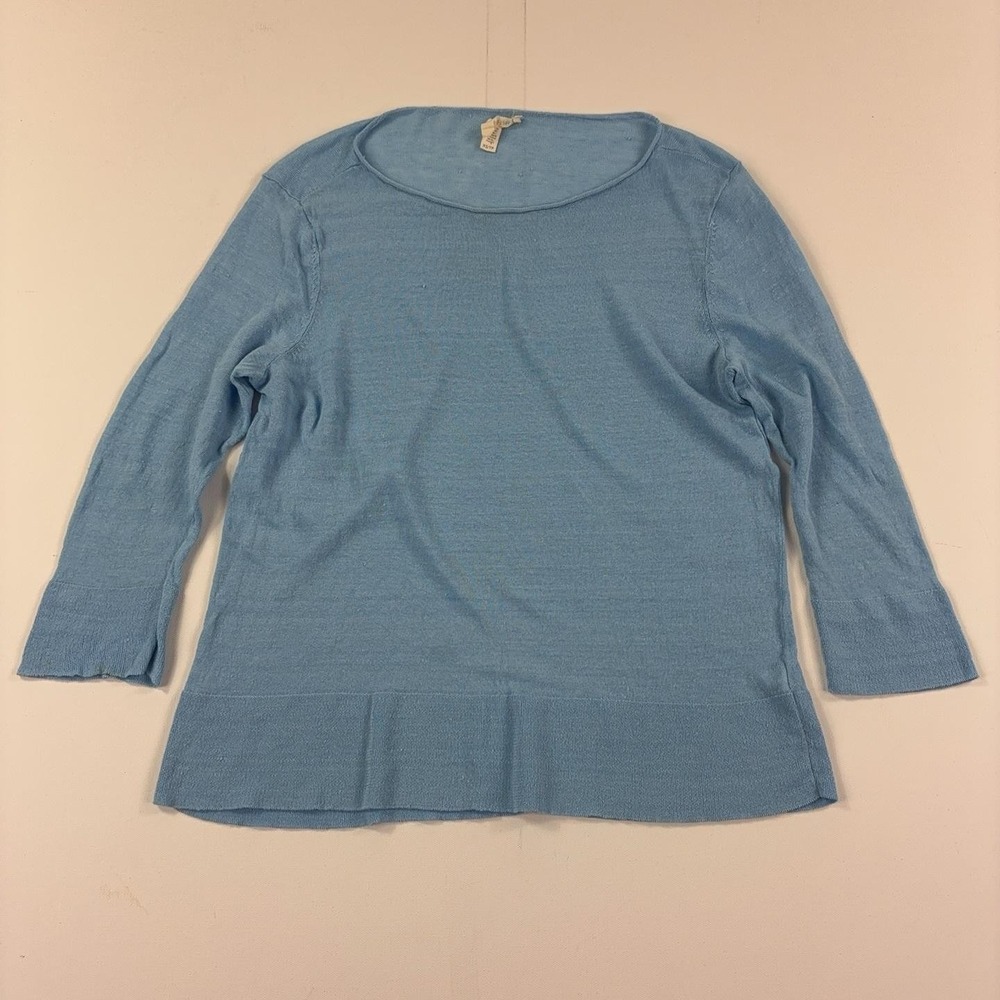 Eileen Fisher Fine Linen Crepe Knit Sweater XS Blue 3/4 Sleeve Italian Yarn